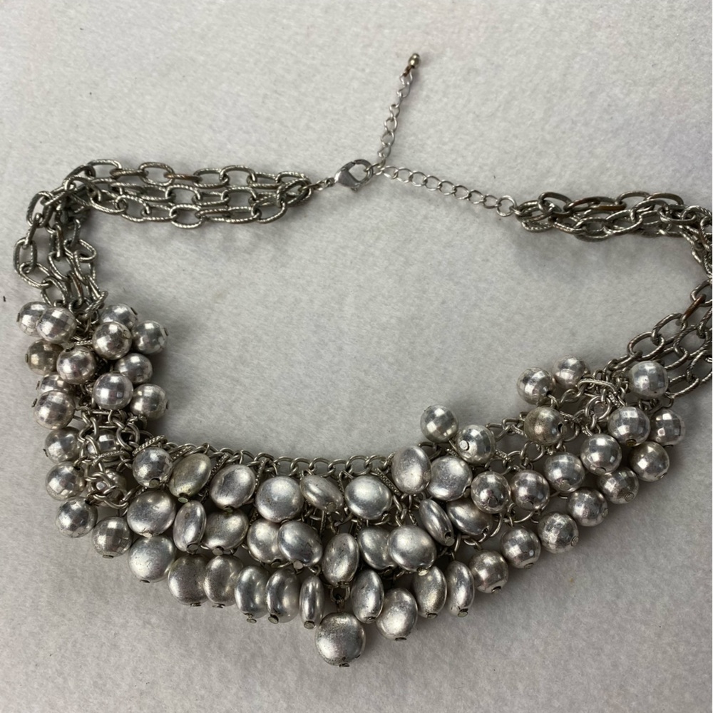 Chunky Statement Necklace Silver tone Link Chain Beaded 20”